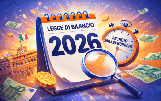 Illustrazione moderna sulla Legge di Bilancio 2026 e il Decreto Milleproroghe, con calendario 2026, elementi economici e simboli di cambiamento normativo.