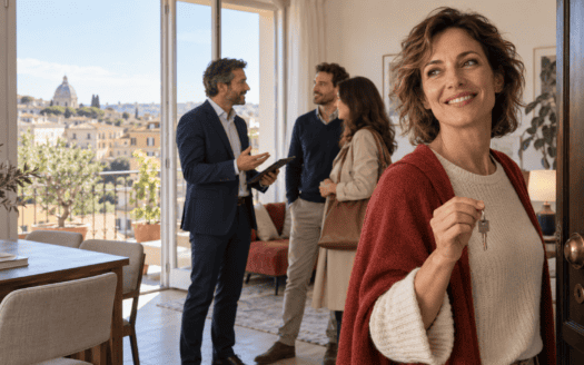 Proprietaria con le chiavi di casa durante una visita immobiliare accompagnata da un agente